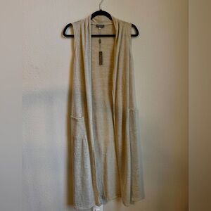 Light Beige Long Open Front Sleeveless Duster Vest